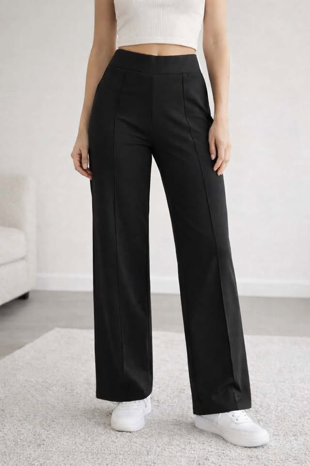Crne široke pantalone od pamuka i likre sa visokim strukom