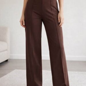 Braon široke pantalone sa visokim strukom i štep detaljima